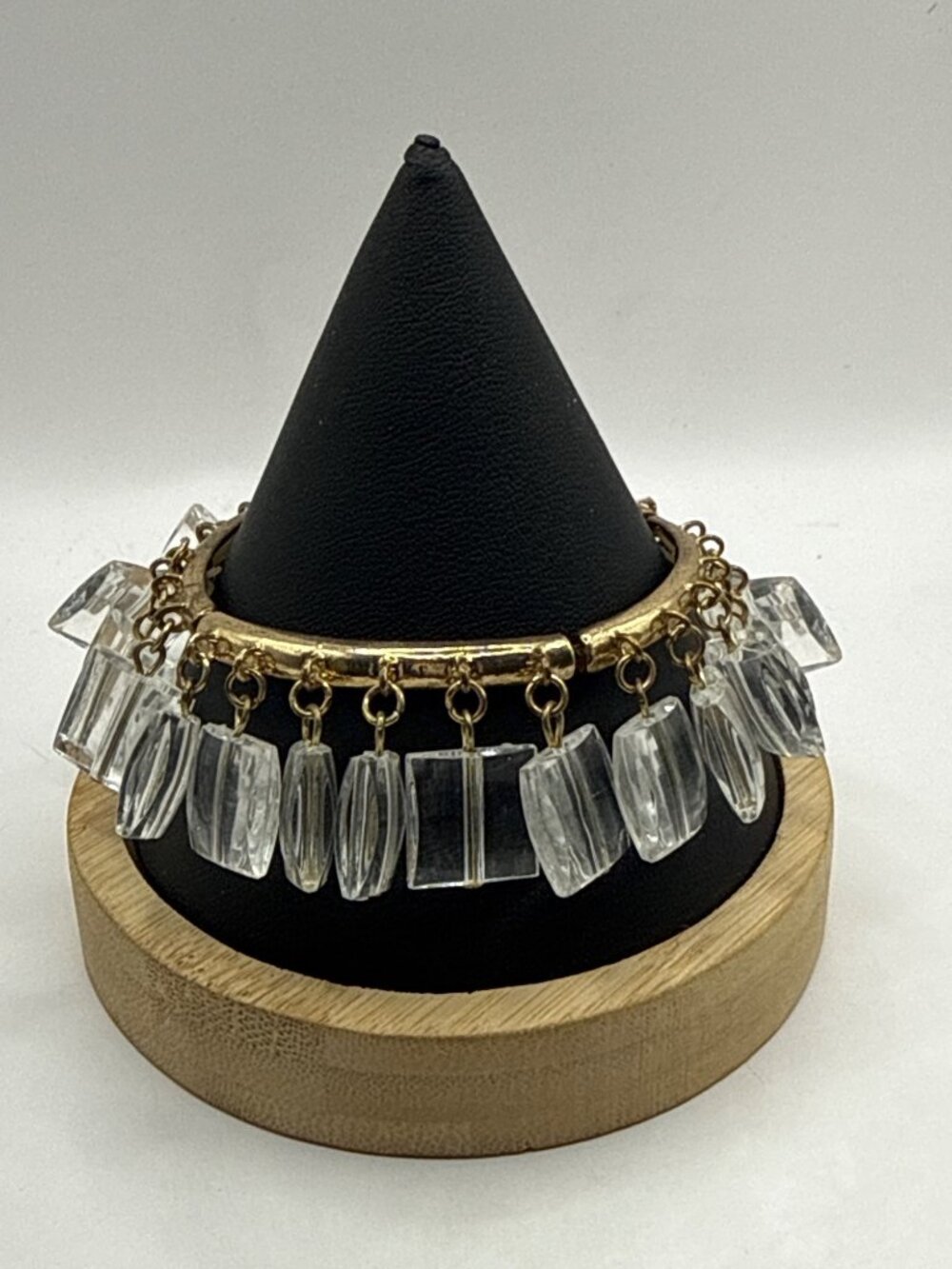Vintage 80s Clear Lucite Block Charm Stretch Bracelet Gold Tone Chunky Fringe